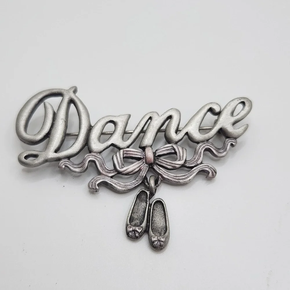 Vintage Dance Brooch JJ Jonette Pewter Pin Dangle Ballet Slippers Shoes Bow